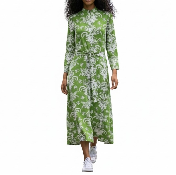 Zara Lilou Midi Dress Size S Green White Tropical Floral Belted Flowy Viscose - Picture 11 of 11